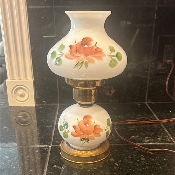 Other - Hand-Painted Floral Milk Glass Table Lamp - Orange Rose